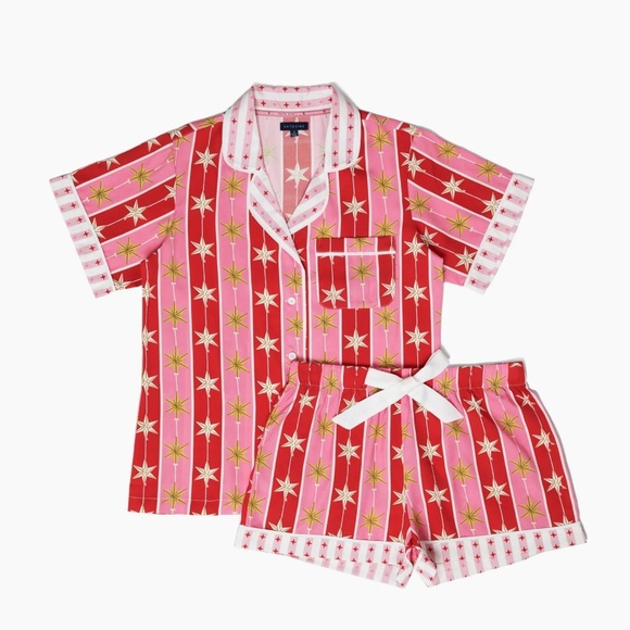 Katie Kime Other - Katie Kime Tree Topper Pajama Shorts Set Modal Cotton Pink Red Star Print NWT